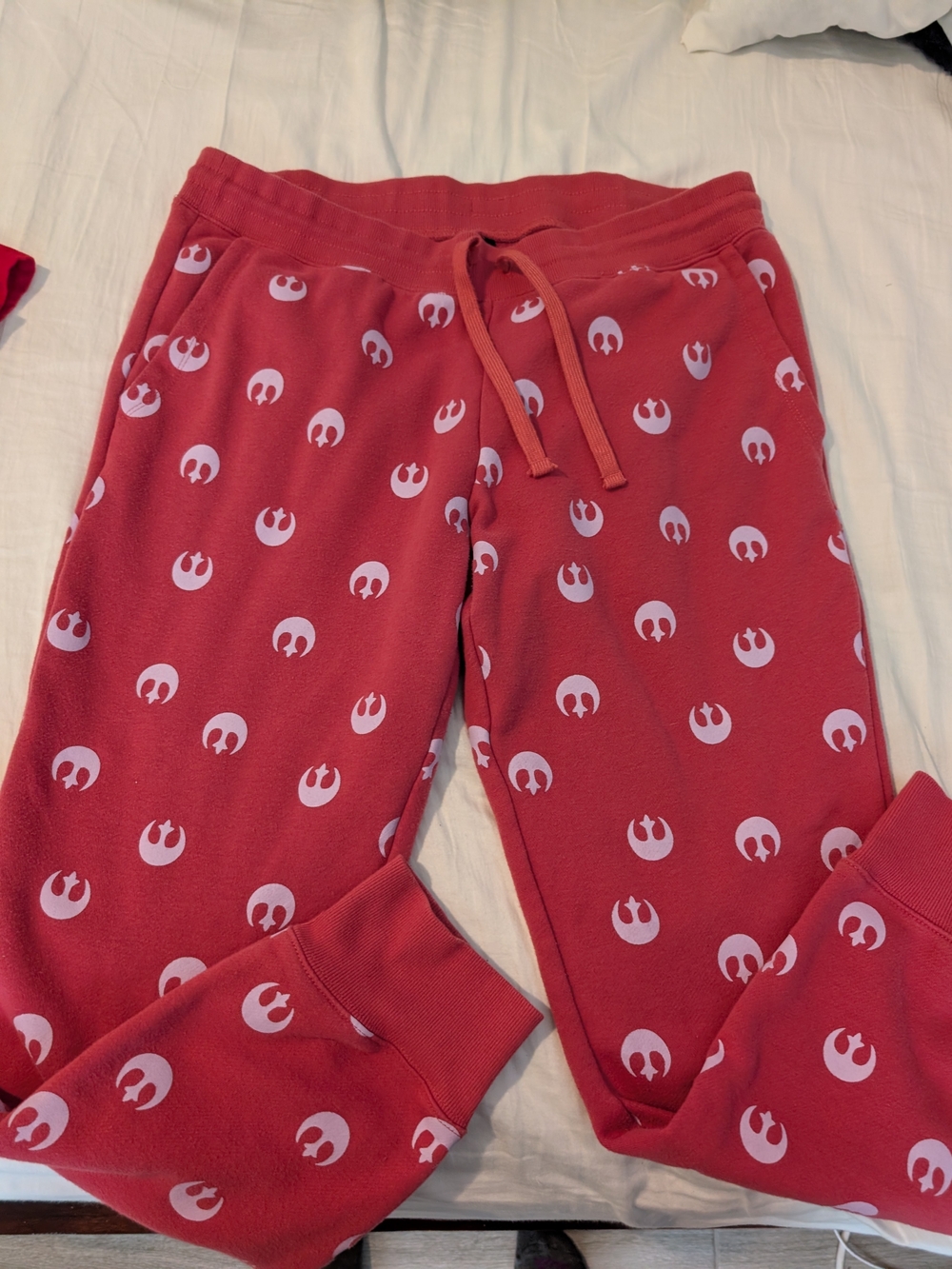 Amazon Essentials Red Jogger Pajama Bottoms with Pink Symbol Print